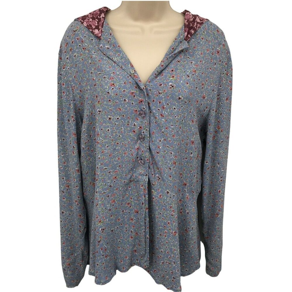 Zoe Womens Long Sleeve Floral Casual Button Front Blue Blouse Top Size Medium